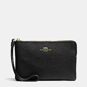 😍 Coach Black Cross-grain Leather Corner Zip Wristlet Pouch Mini Bag